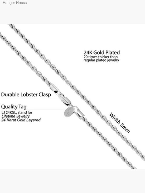 Hip Hop Rope Chain Necklace 16 3mm 24k Gold Plated Rope Chain Necklace Men Women Heavy Duty 26 Inch